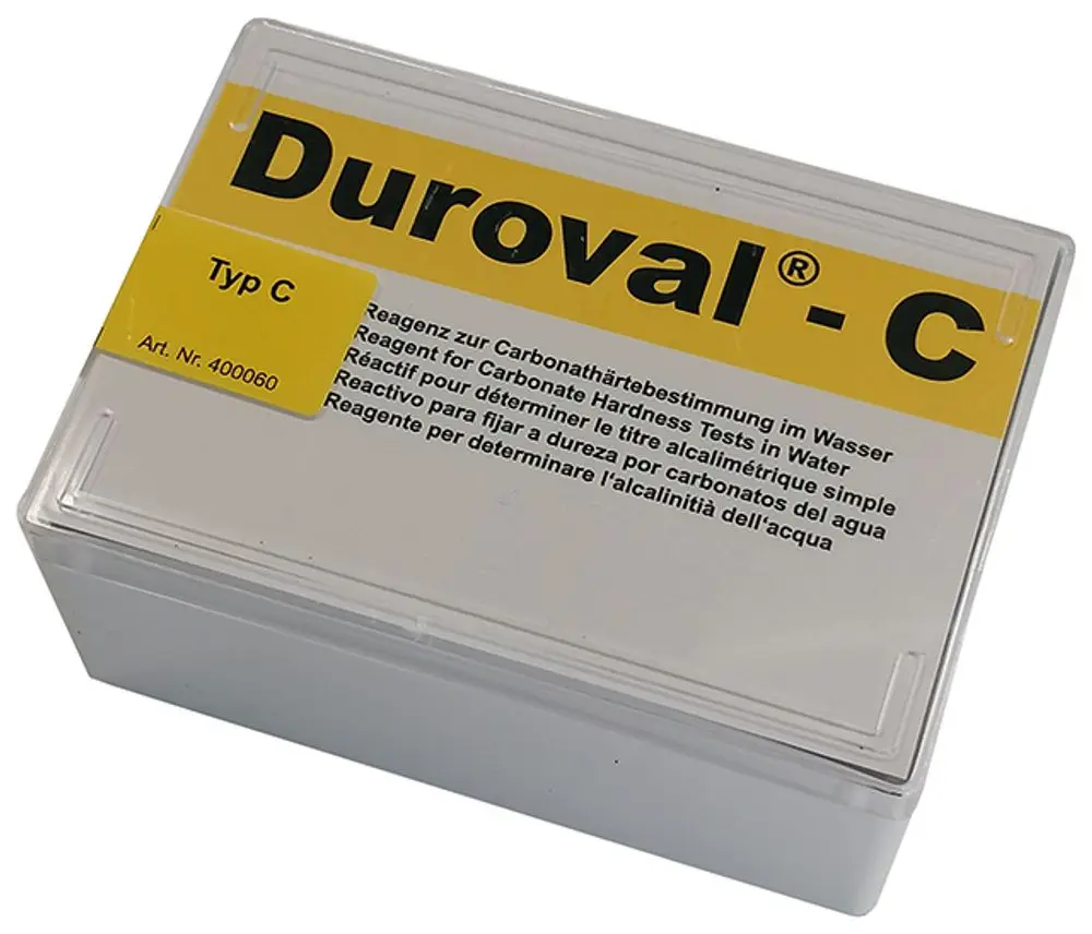 Reagenzbox zur Bestimmung der Karbonathärte im Wasser, markiert mit "Duroval - C". Eignet sich für die Verwendung im Analysekoffer der Marke Syr.